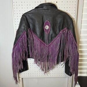 Hyde‎ Out of Arlington NJ Biker Jacket Women's Large Black Purple Fringe Leather